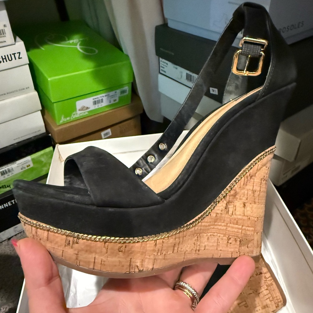 Shultz Black Wedge Sandals with Cork Heel